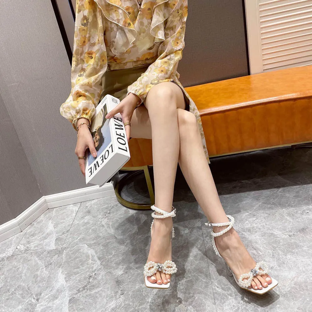 Amozae-Elegant Square Toe Pearl Bow Heels