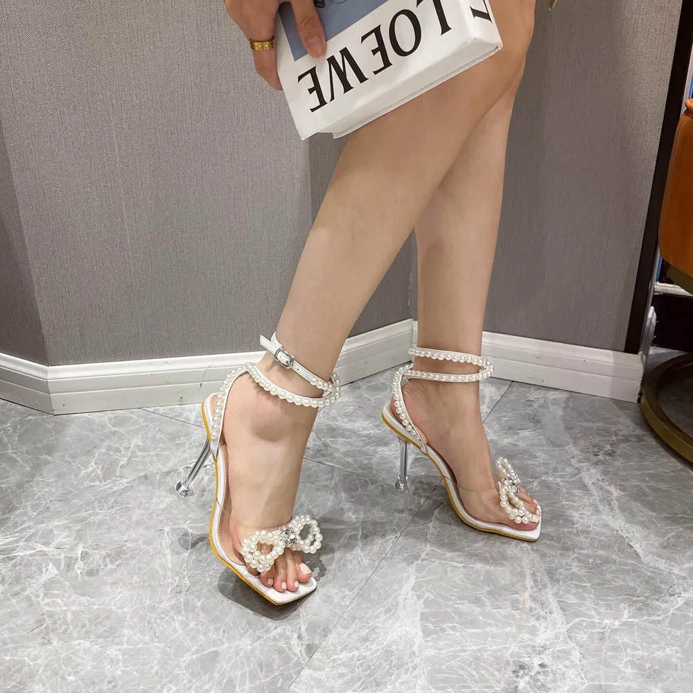 Amozae-Elegant Square Toe Pearl Bow Heels