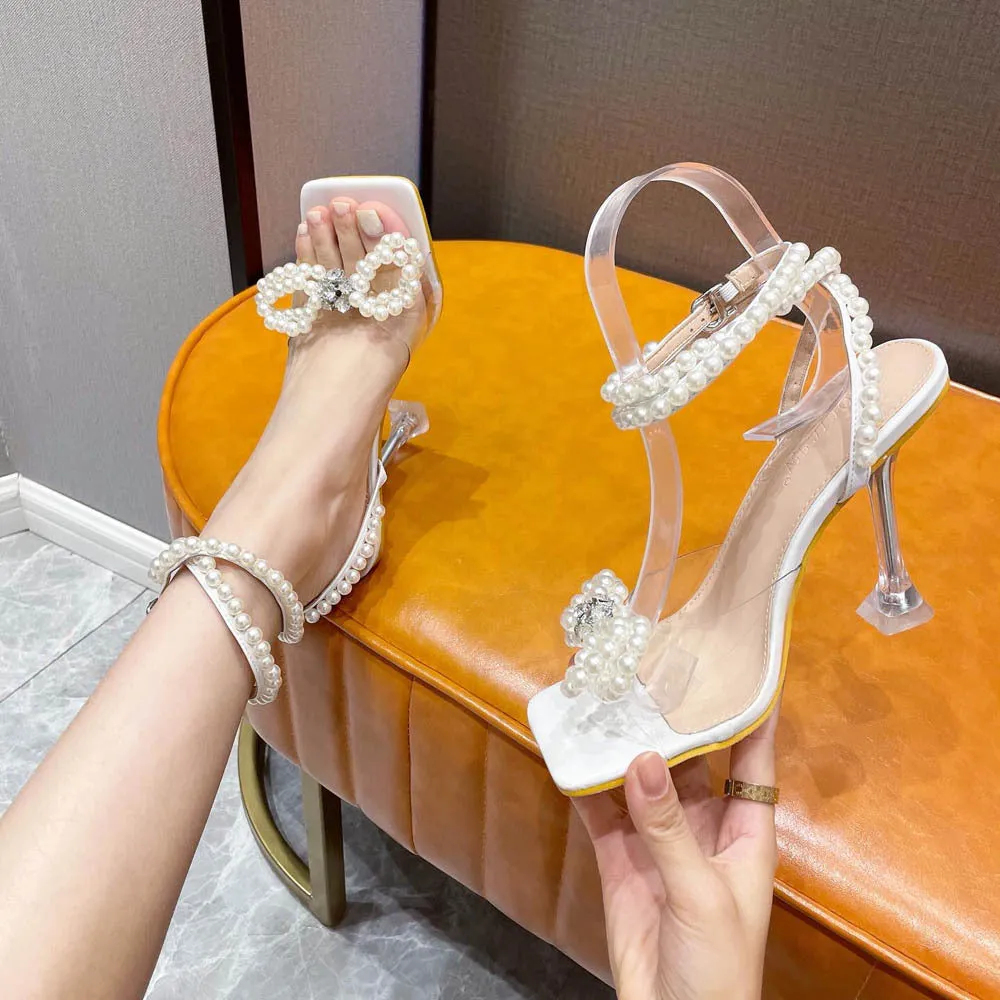 Amozae-Elegant Square Toe Pearl Bow Heels