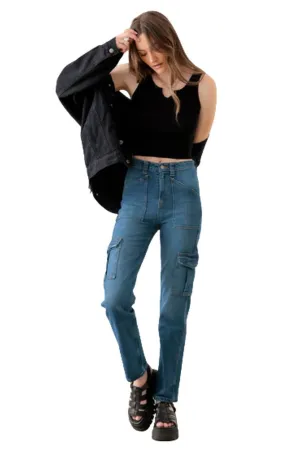 Blue High Rise Wide Cargo Jeans