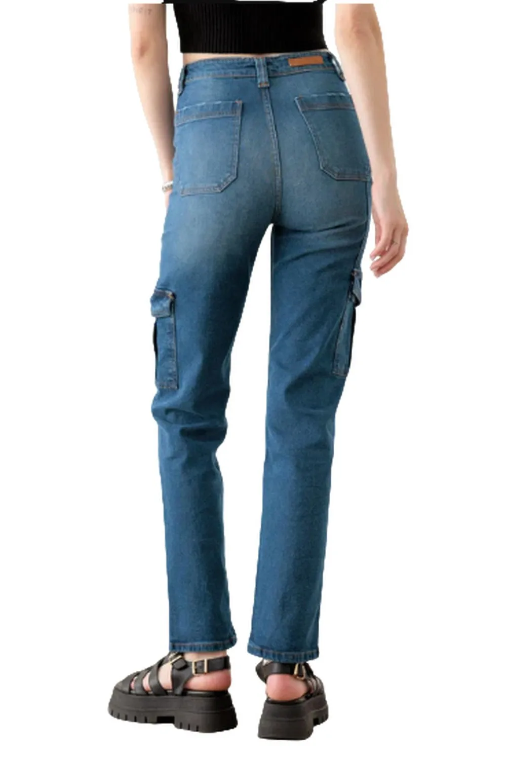 Blue High Rise Wide Cargo Jeans