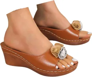 Comfortable Wedge Sandals for Women Summer 2025 Floral Color Block Thick Sole Slip On Casual Fashionable Slippers Beach Boho Walking Work Ladies Wedges Dress Shoes