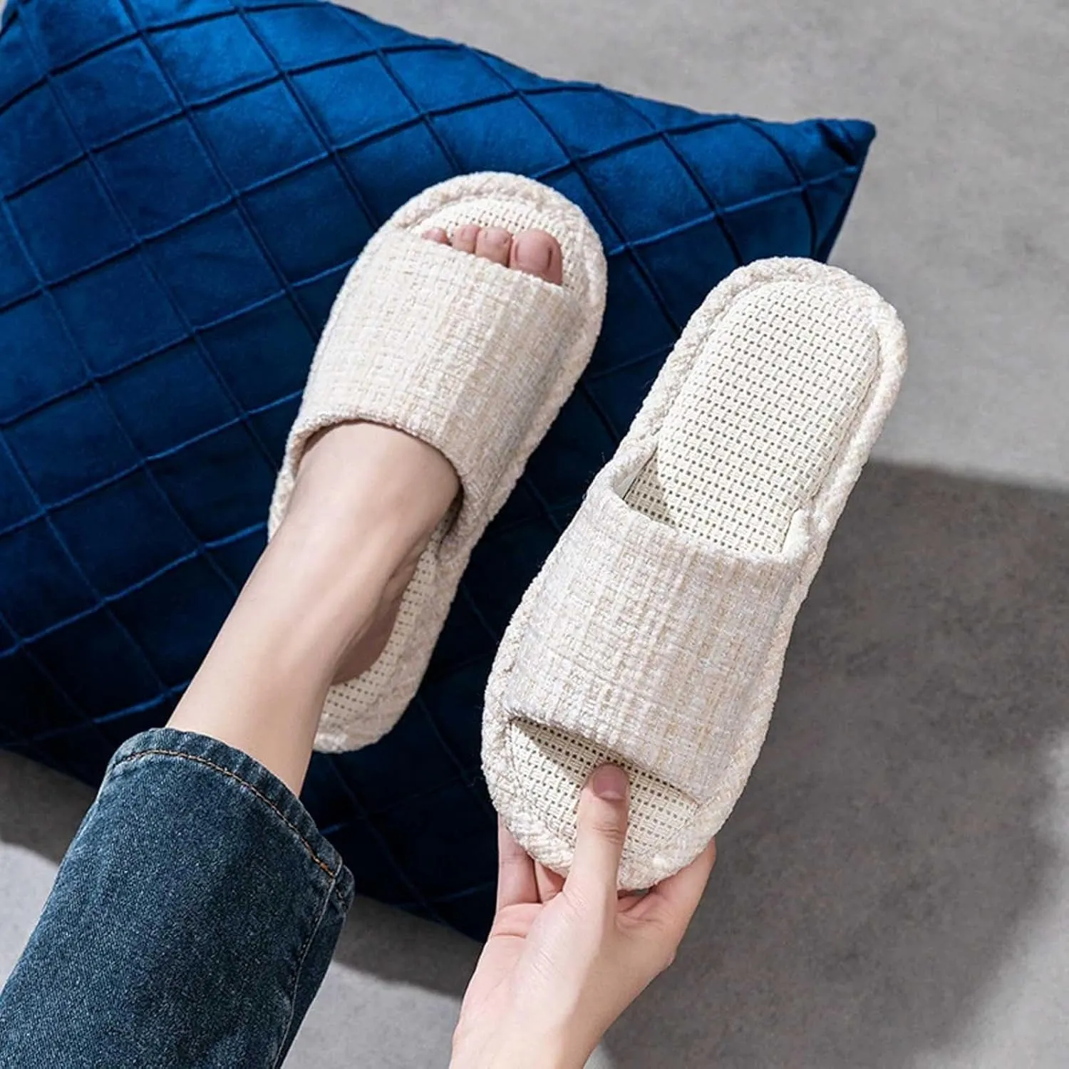 Couples Fashion Open Toe Cloth Mute Slippers Men's and Women's Linen Home Shoes Women Bed Slippers Size 11