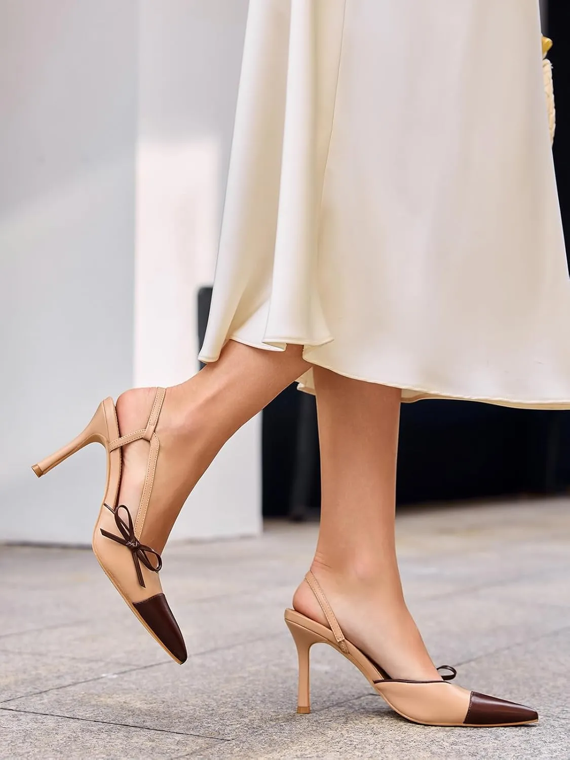 Coutgo Womens Slingback High Heels Bow Tie Closed Pointed Toe Sexy Stiletto Two Tone Dress Pumps Shoes