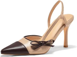 Coutgo Womens Slingback High Heels Bow Tie Closed Pointed Toe Sexy Stiletto Two Tone Dress Pumps Shoes
