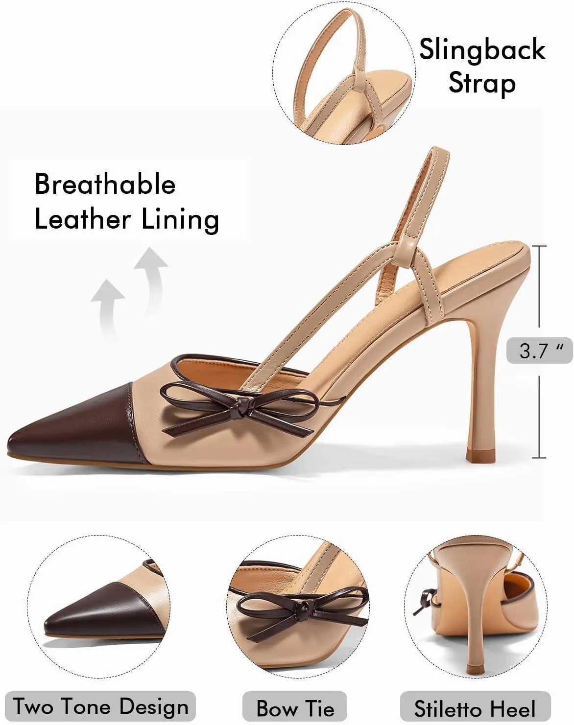 Coutgo Womens Slingback High Heels Bow Tie Closed Pointed Toe Sexy Stiletto Two Tone Dress Pumps Shoes