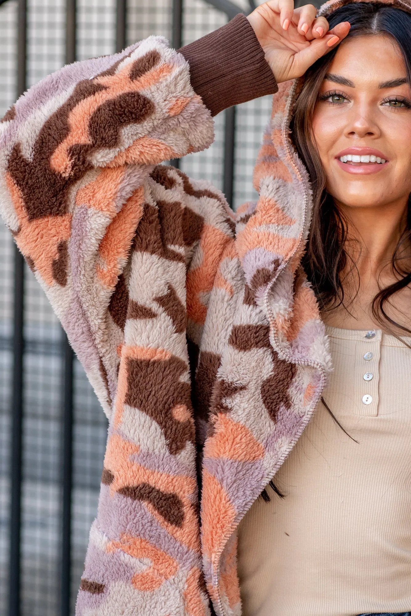 Cozy Camouflage Sherpa Jacket - Apricot