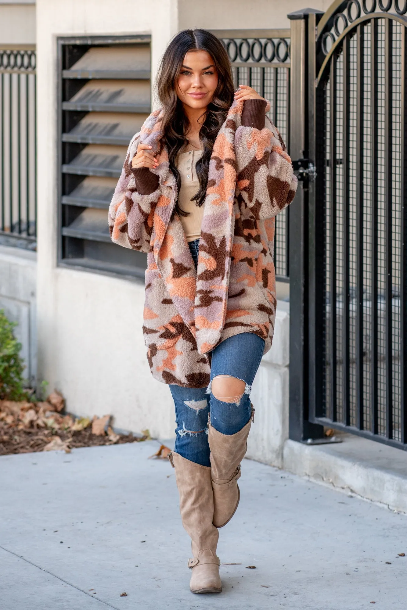 Cozy Camouflage Sherpa Jacket - Apricot