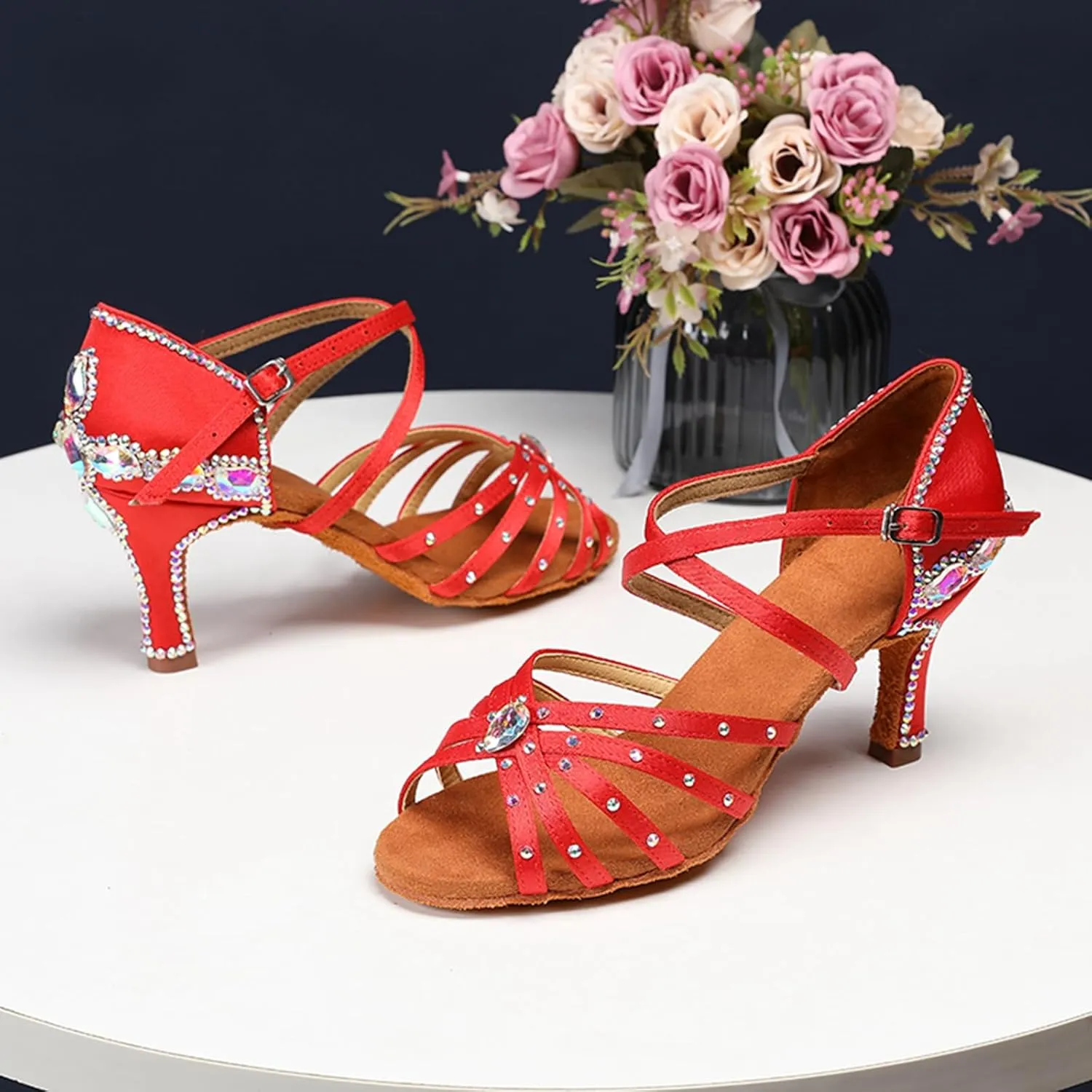 Dance Shoes with Heels for Women Girls Bridal Wedding Shoes with Rhinestones QQ05