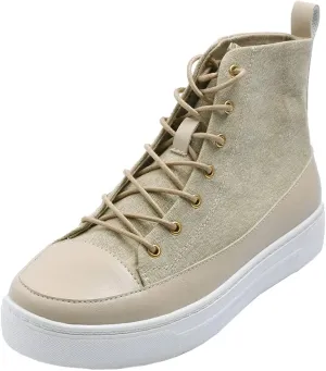 FEVERSOLE Women's Canvas Vegan Leather Lightweight Platform Lace-Up Street Sneakers Booties Beige Canvas PU Platform Size 6 M US