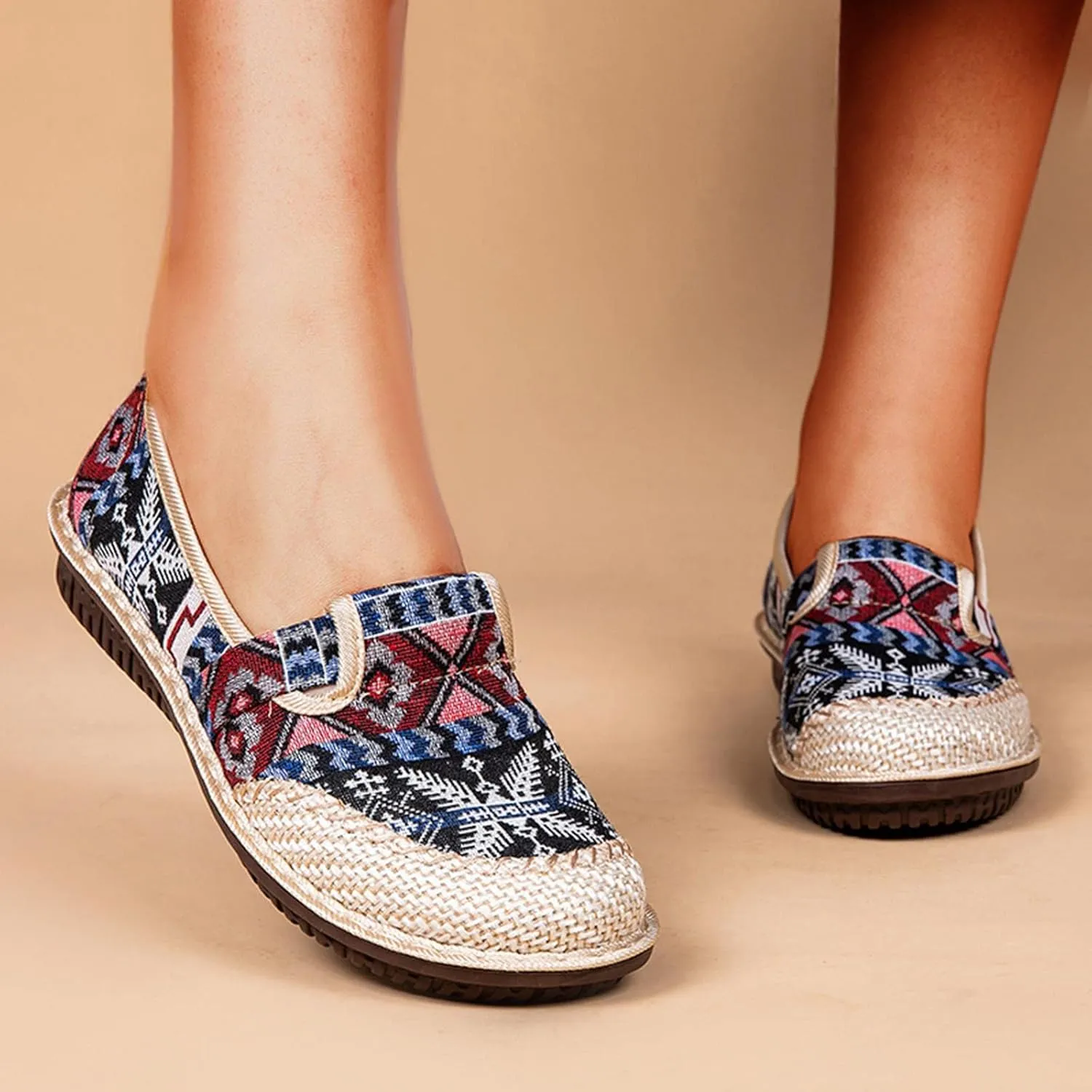 Floral Embroidery Frog Button Decor For Women Slip On Shallow Mouth Simple Single Shoes Casual Shoes Work Shoes Dress Non Slip Battle Dance Slip on Outdoor Soft round slipper soles C52-Beige