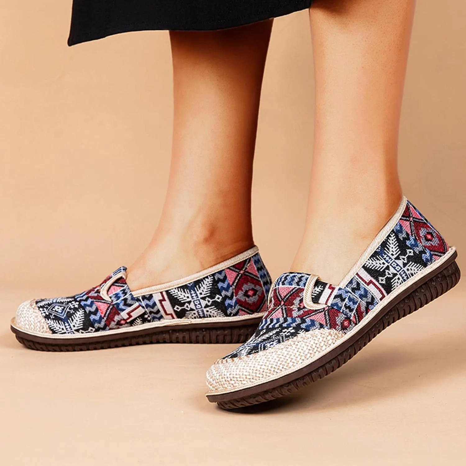 Floral Embroidery Frog Button Decor For Women Slip On Shallow Mouth Simple Single Shoes Casual Shoes Work Shoes Dress Non Slip Battle Dance Slip on Outdoor Soft round slipper soles C52-Beige