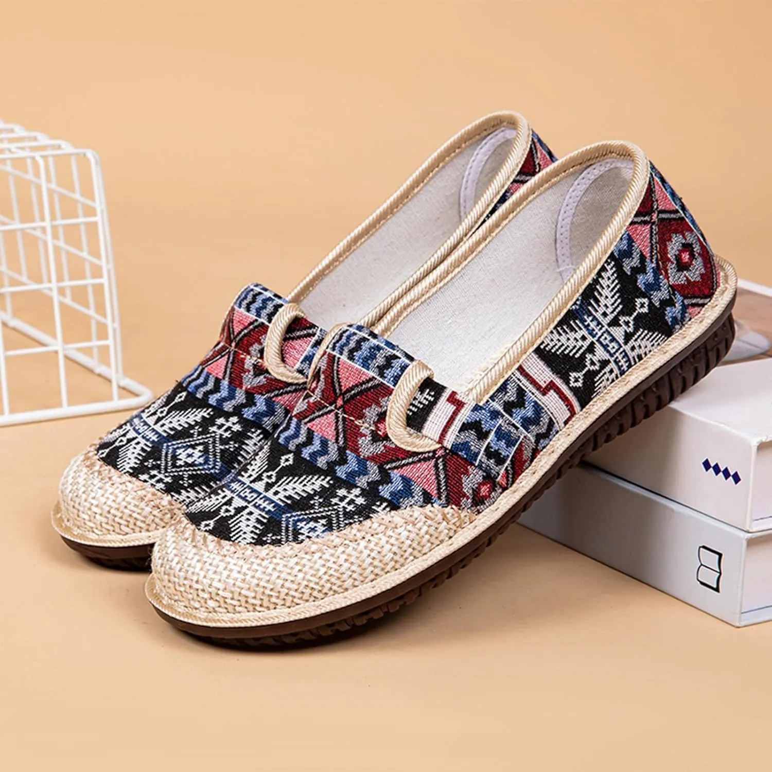 Floral Embroidery Frog Button Decor For Women Slip On Shallow Mouth Simple Single Shoes Casual Shoes Work Shoes Dress Non Slip Battle Dance Slip on Outdoor Soft round slipper soles C52-Beige