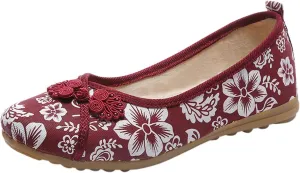Floral Print Button Decor Ballet For Women Slip On Shallow Mouth Simple Single Shoes Casual Shoes Work Shoes Walking Mesh Knit Dress Outdoor Soft Non Slip Slip on sport sock O55-Red