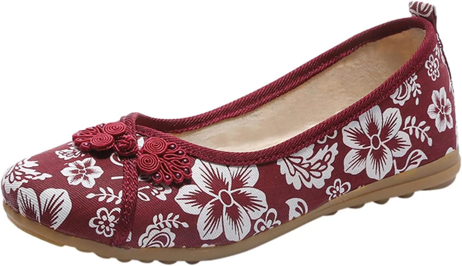 Floral Print Button Decor Ballet For Women Slip On Shallow Mouth Simple Single Shoes Casual Shoes Work Shoes Walking Mesh Knit Dress Outdoor Soft Non Slip Slip on sport sock O55-Red