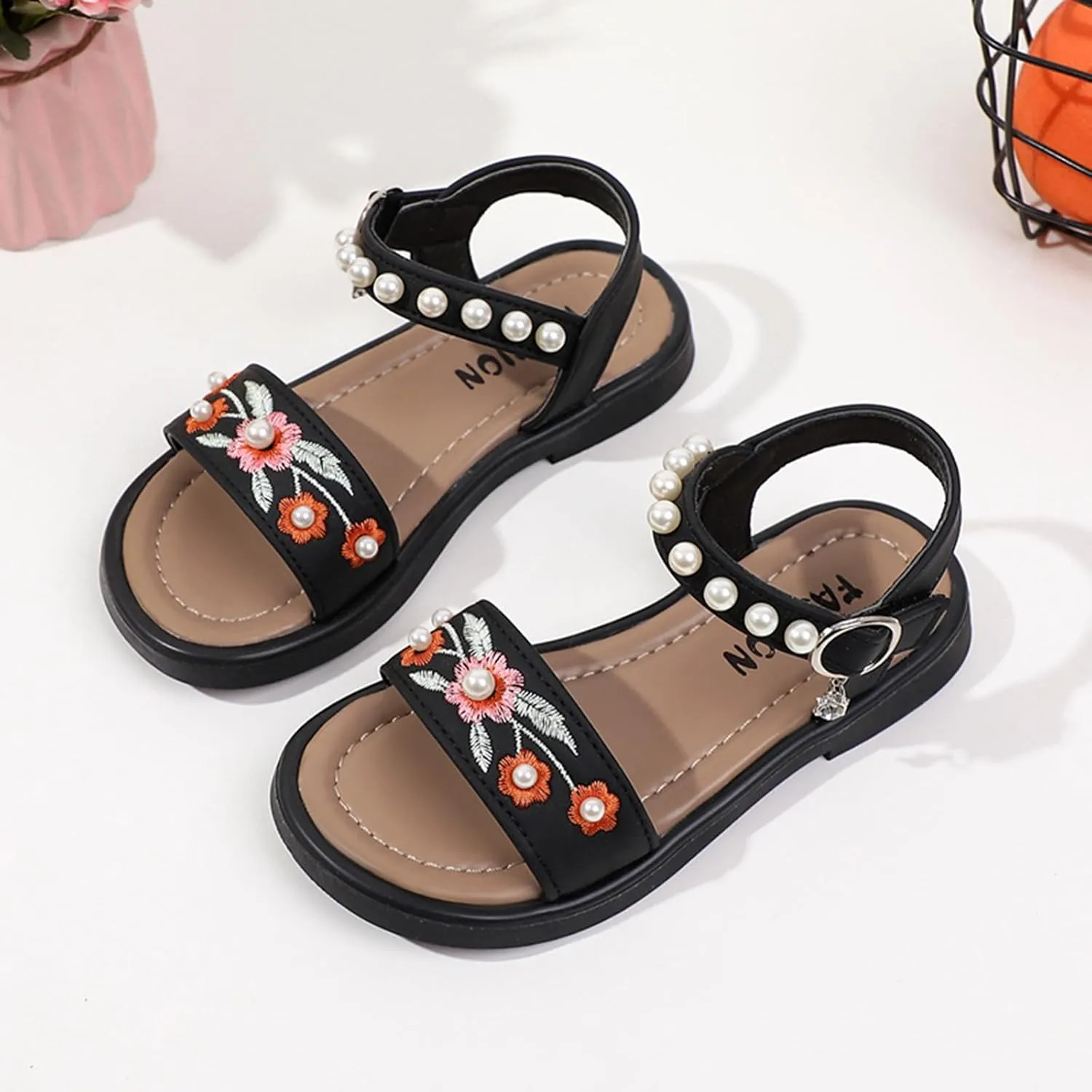 Girls Dress Sandals Kids Floral Embroidered Open Toe School Casual Pearls Ankle Strap Flat Sandal Flower Girl Shoes