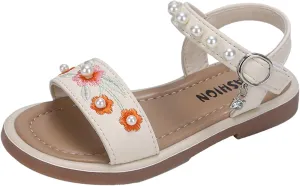 Girls Dress Sandals Kids Floral Embroidered Open Toe School Casual Pearls Ankle Strap Flat Sandal Flower Girl Shoes