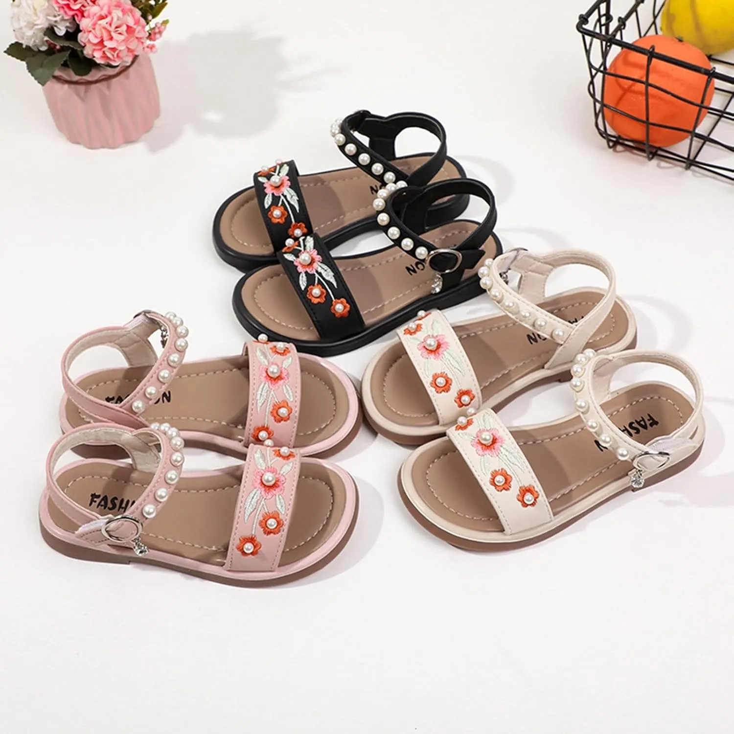 Girls Dress Sandals Kids Floral Embroidered Open Toe School Casual Pearls Ankle Strap Flat Sandal Flower Girl Shoes
