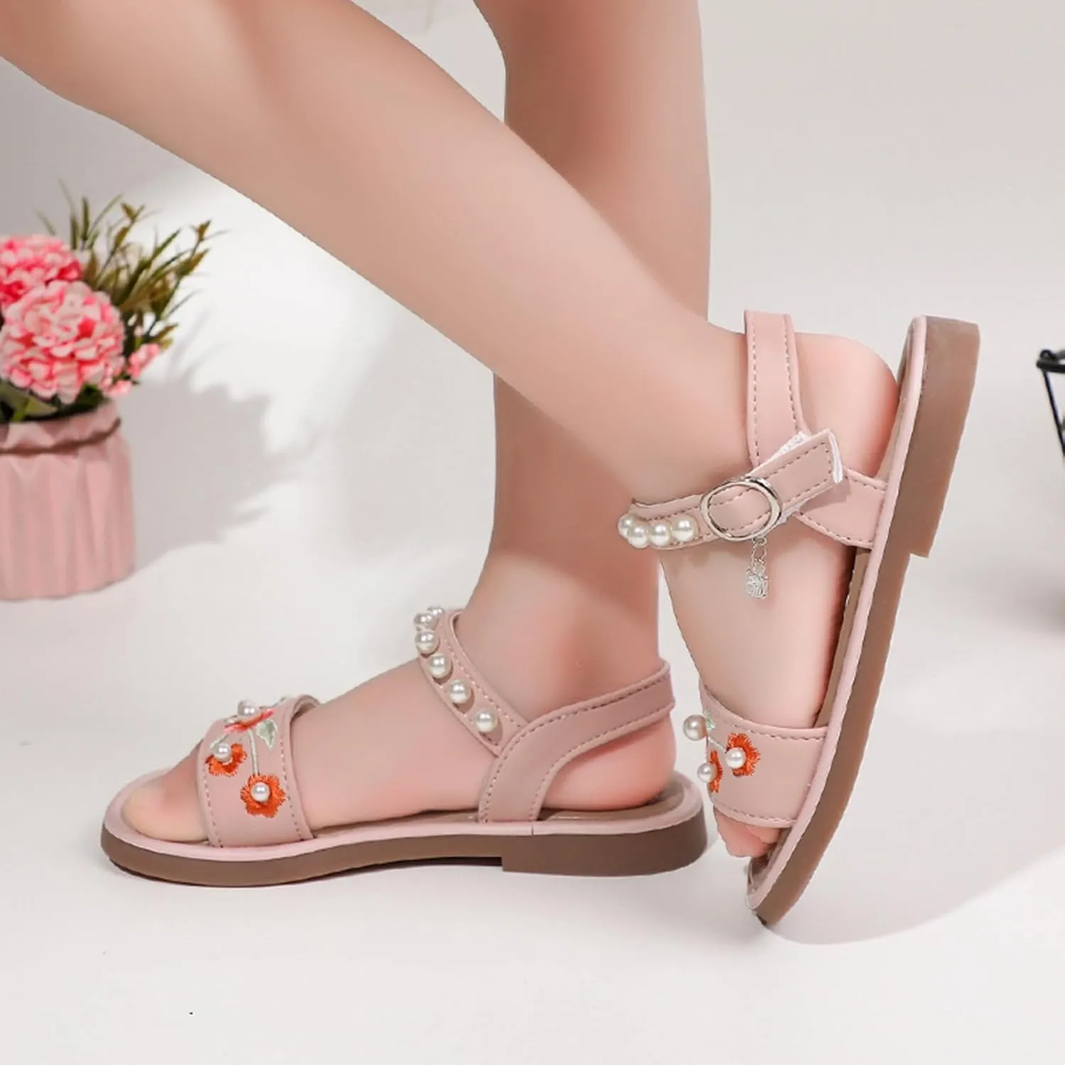 Girls Dress Sandals Kids Floral Embroidered Open Toe School Casual Pearls Ankle Strap Flat Sandal Flower Girl Shoes