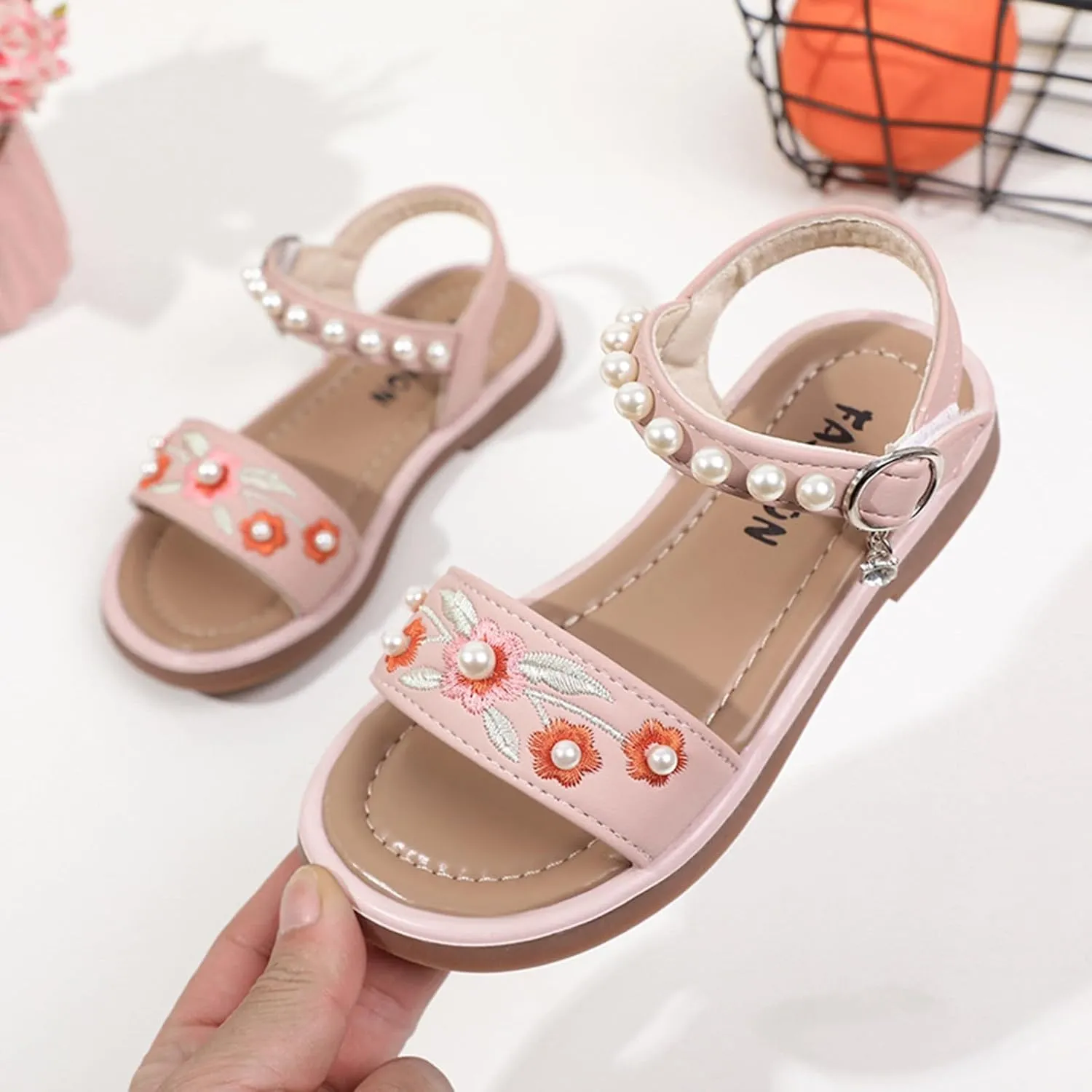 Girls Dress Sandals Kids Floral Embroidered Open Toe School Casual Pearls Ankle Strap Flat Sandal Flower Girl Shoes