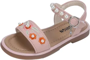 Girls Dress Sandals Kids Floral Embroidered Open Toe School Casual Pearls Ankle Strap Flat Sandal Flower Girl Shoes