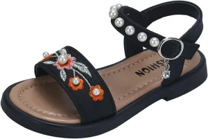 Girls Dress Sandals Kids Floral Embroidered Open Toe School Casual Pearls Ankle Strap Flat Sandal Flower Girl Shoes