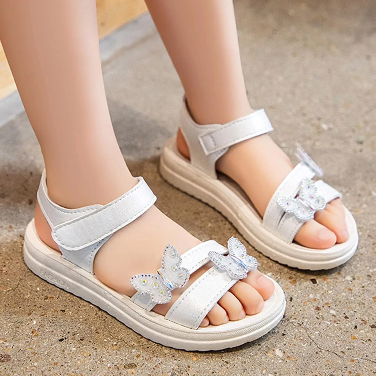 Girls Dress Sandals Kids Glitter Butterfly Princess Dress Shoes Open Toe Ankle Strap Buckle Flats Walking Sandal