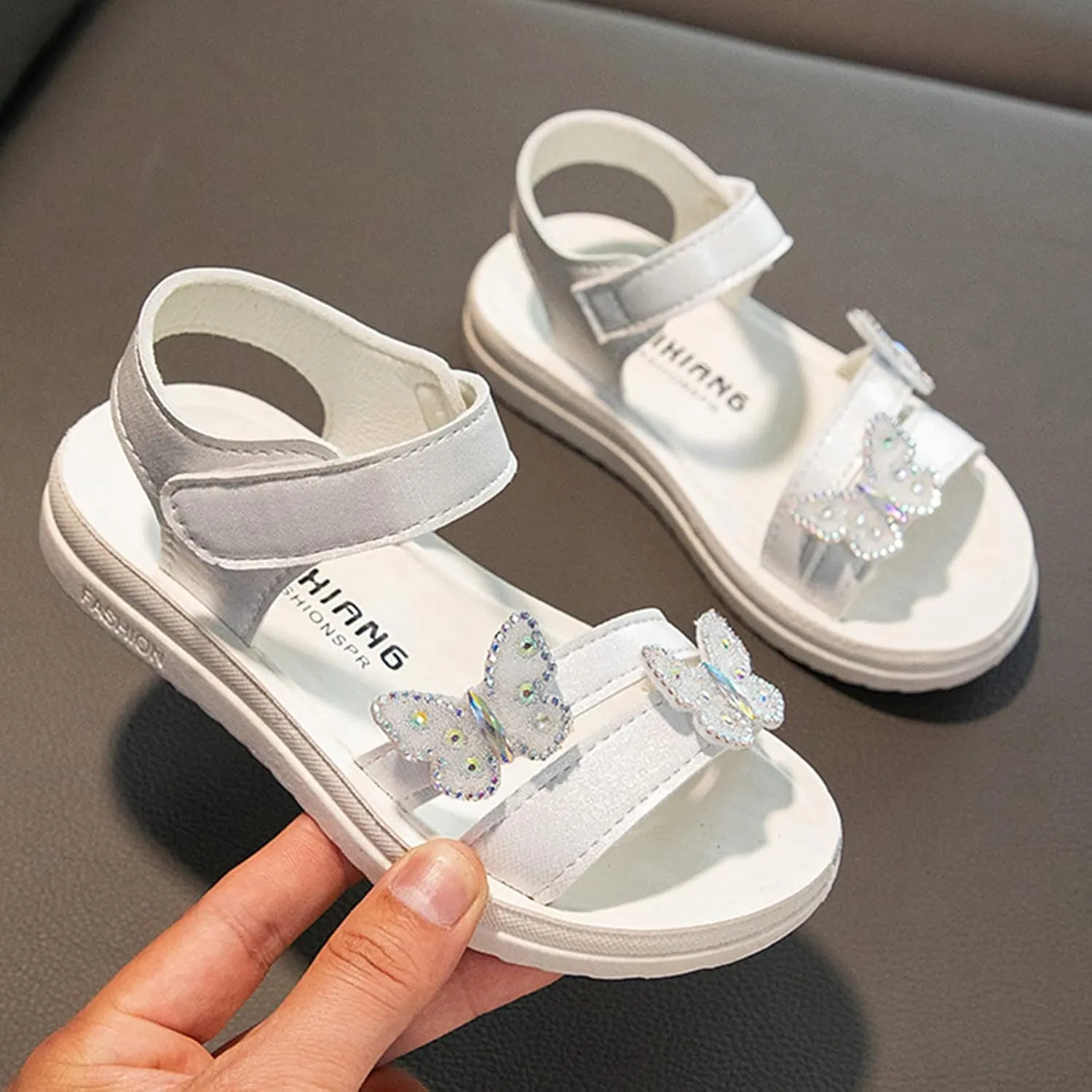 Girls Dress Sandals Kids Glitter Butterfly Princess Dress Shoes Open Toe Ankle Strap Buckle Flats Walking Sandal