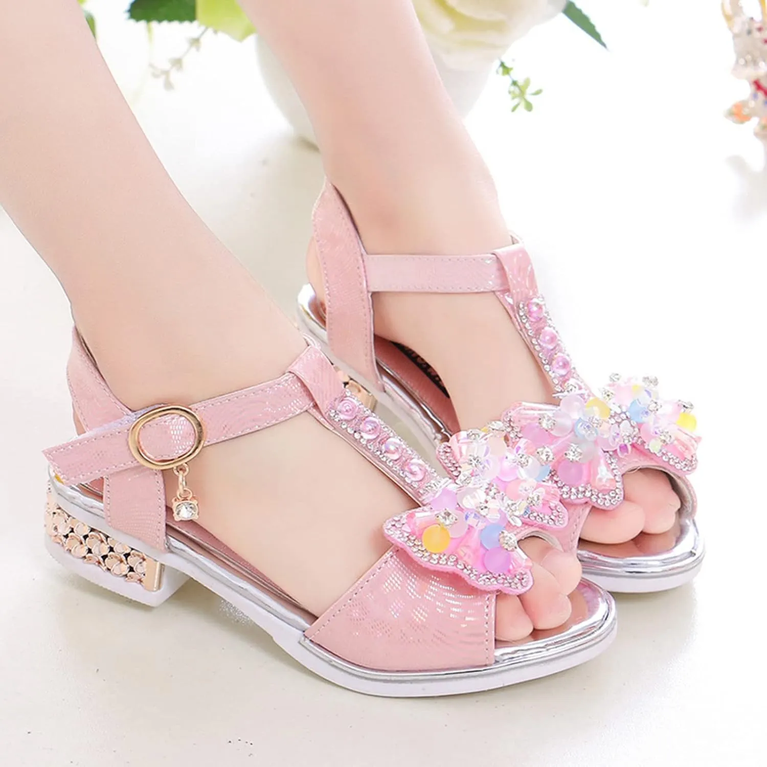 Girls Dress Sandals Kids Glitter Rhinestone Butterfly Princess Dress Shoes Open Toe Ankle Strap Buckle Dance Sandal