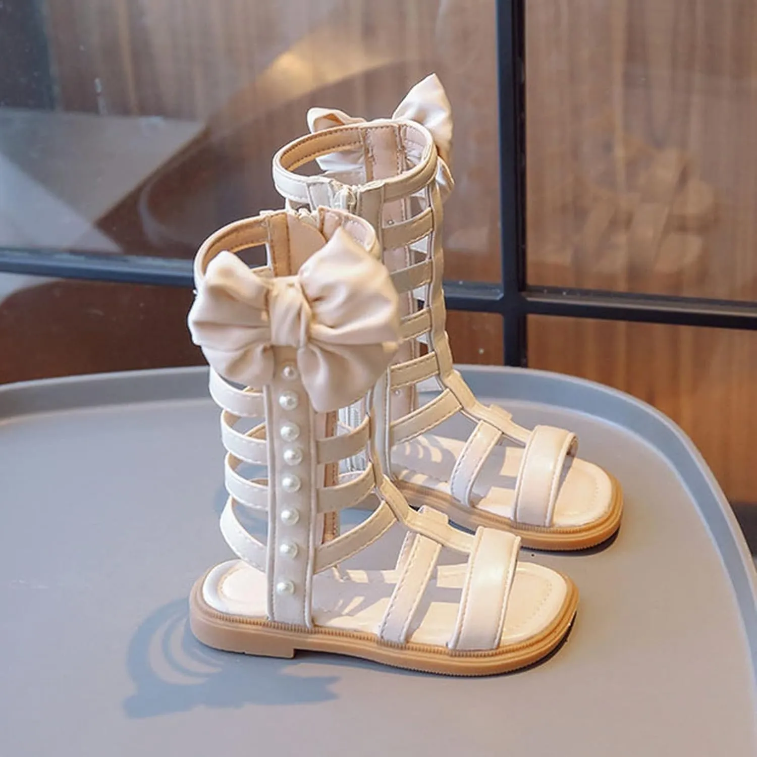Girls High Top Strapped Sandals with Side Zipper Open Toe Lightweight Summer Flat Trendy Shoes with Pearl and Bow