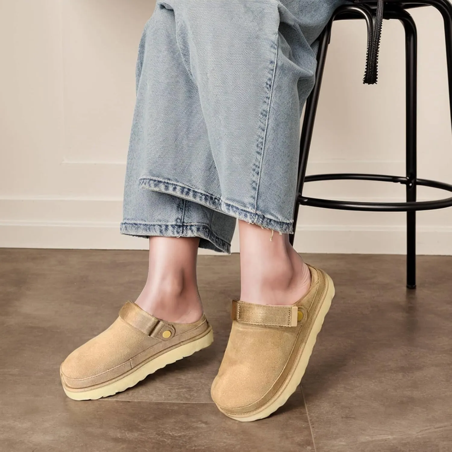 Kids Clogs for Girls & Boys - Suede Platform Clogs with Adjustable Strap & Easy Slip On/Off - Beige - Big Kid Size
