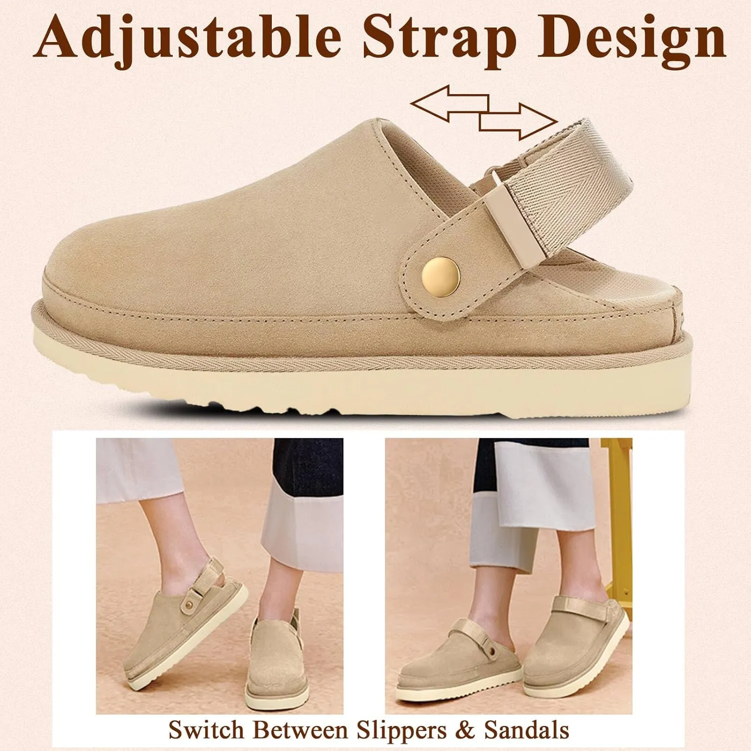 Kids Clogs for Girls & Boys - Suede Platform Clogs with Adjustable Strap & Easy Slip On/Off - Beige - Big Kid Size