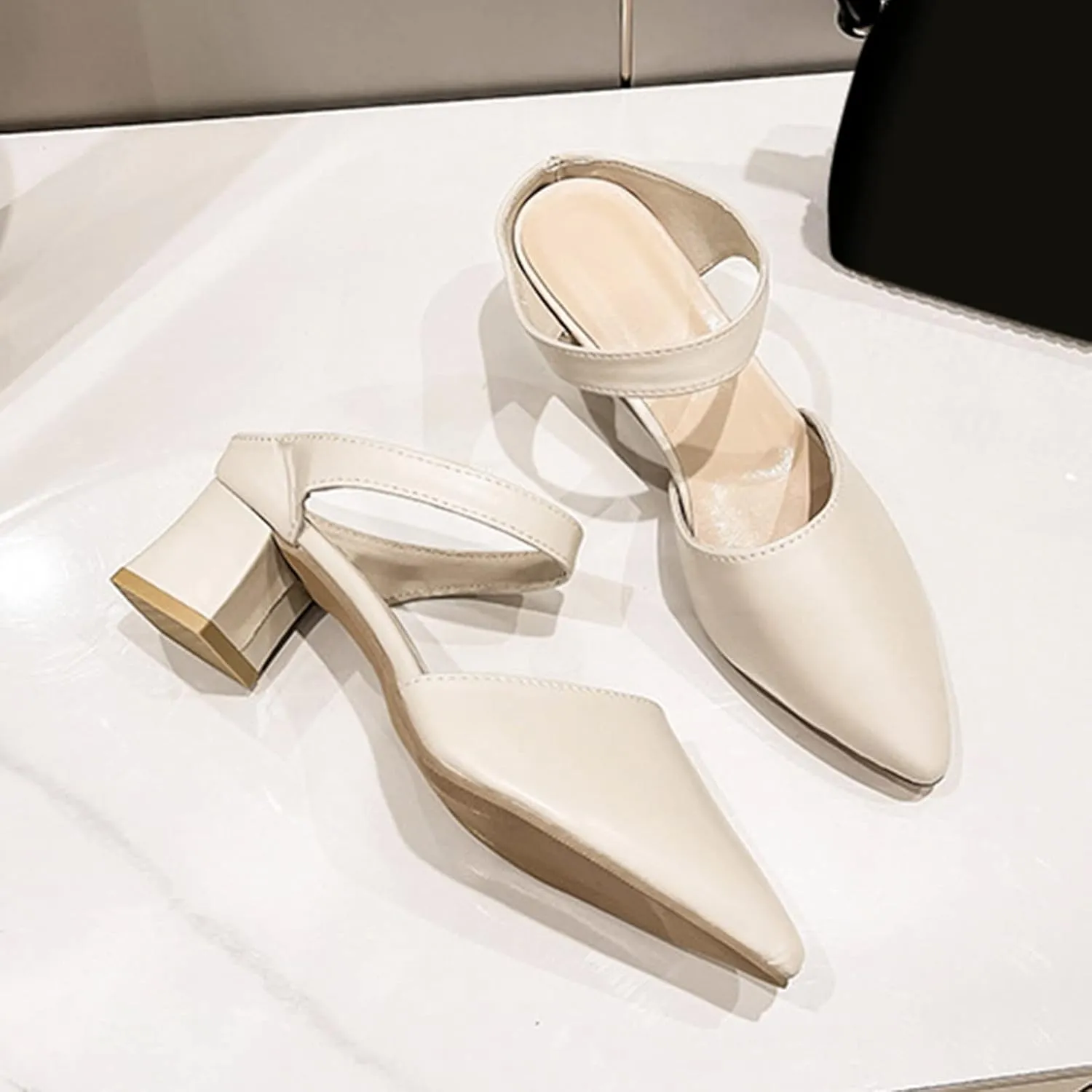 Ladies Fashion Solid Color Leather Thick High Heel Pointed Toe Casual Pumps Shoes All Wedges for Women