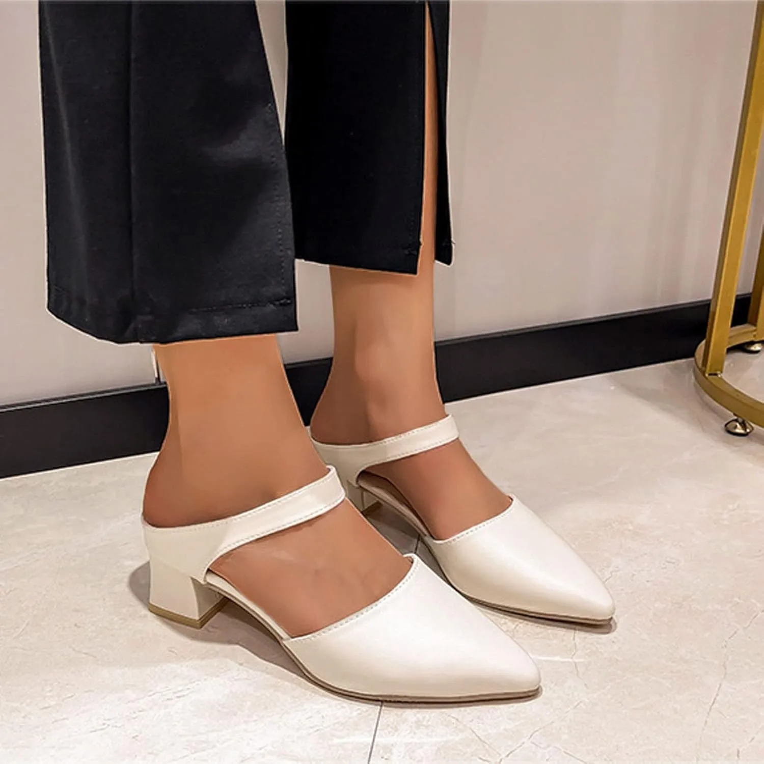 Ladies Fashion Solid Color Leather Thick High Heel Pointed Toe Casual Pumps Shoes All Wedges for Women