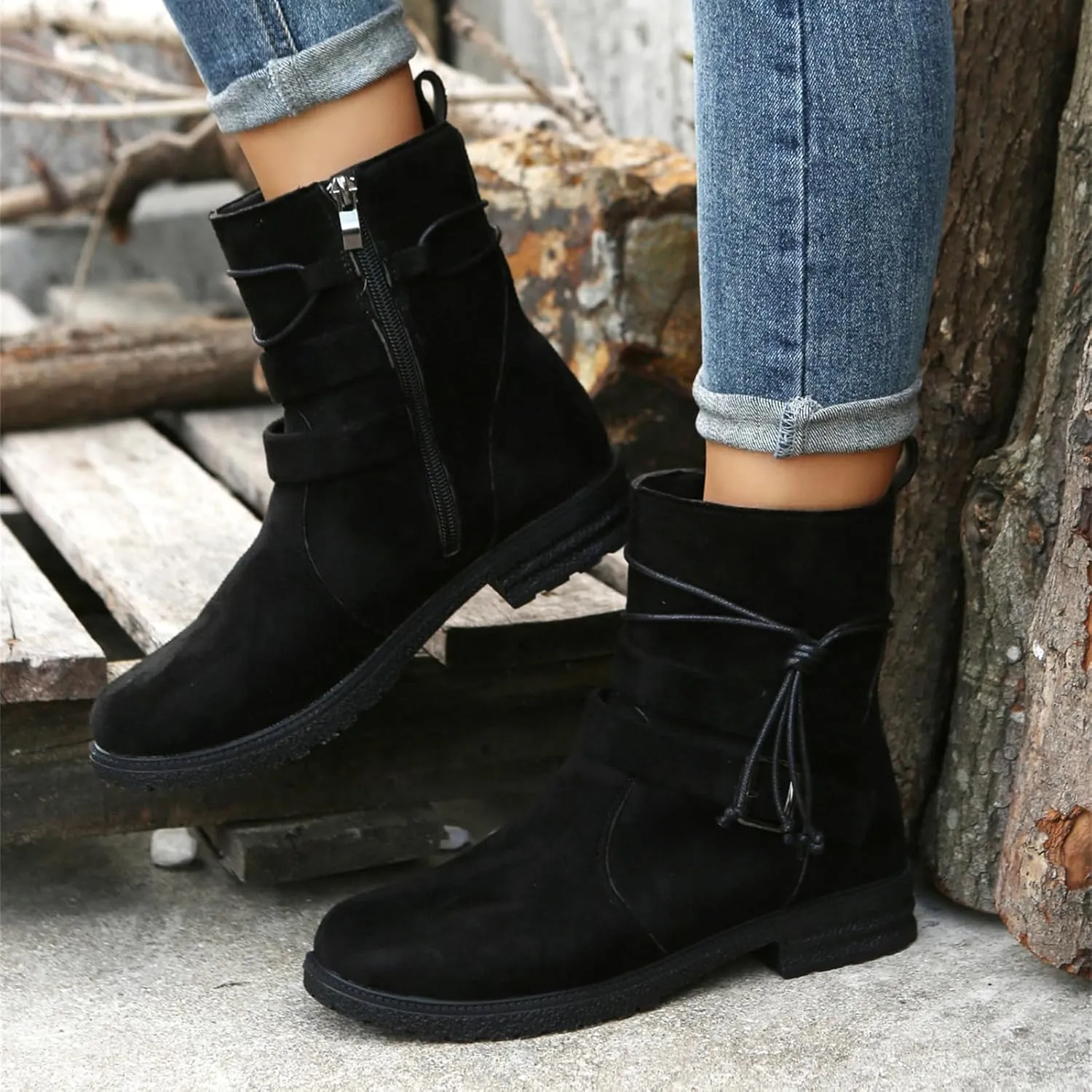 Ladmiple Fall Bo_oties for Women 2023 Trendy Mid_Calf Combat Riding Fashion Winter bo_ots Low He_el Biker an_kle bo_oties