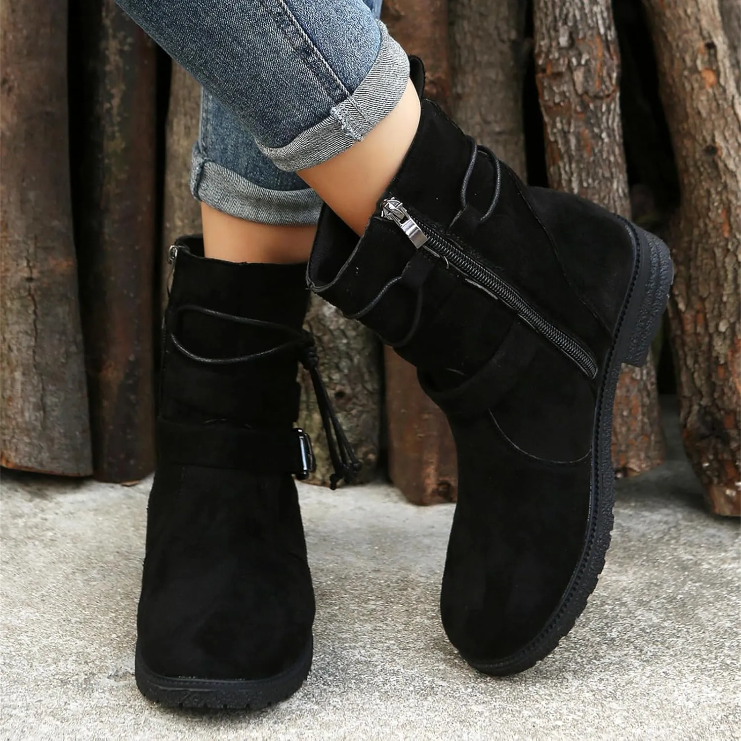 Ladmiple Fall Bo_oties for Women 2023 Trendy Mid_Calf Combat Riding Fashion Winter bo_ots Low He_el Biker an_kle bo_oties