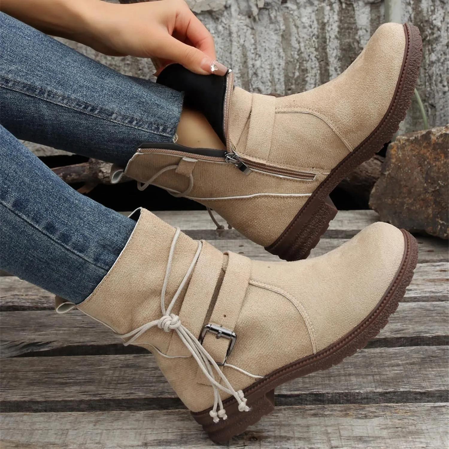 Ladmiple Fall Bo_oties for Women 2023 Trendy Mid_Calf Combat Riding Fashion Winter bo_ots Low He_el Biker an_kle bo_oties