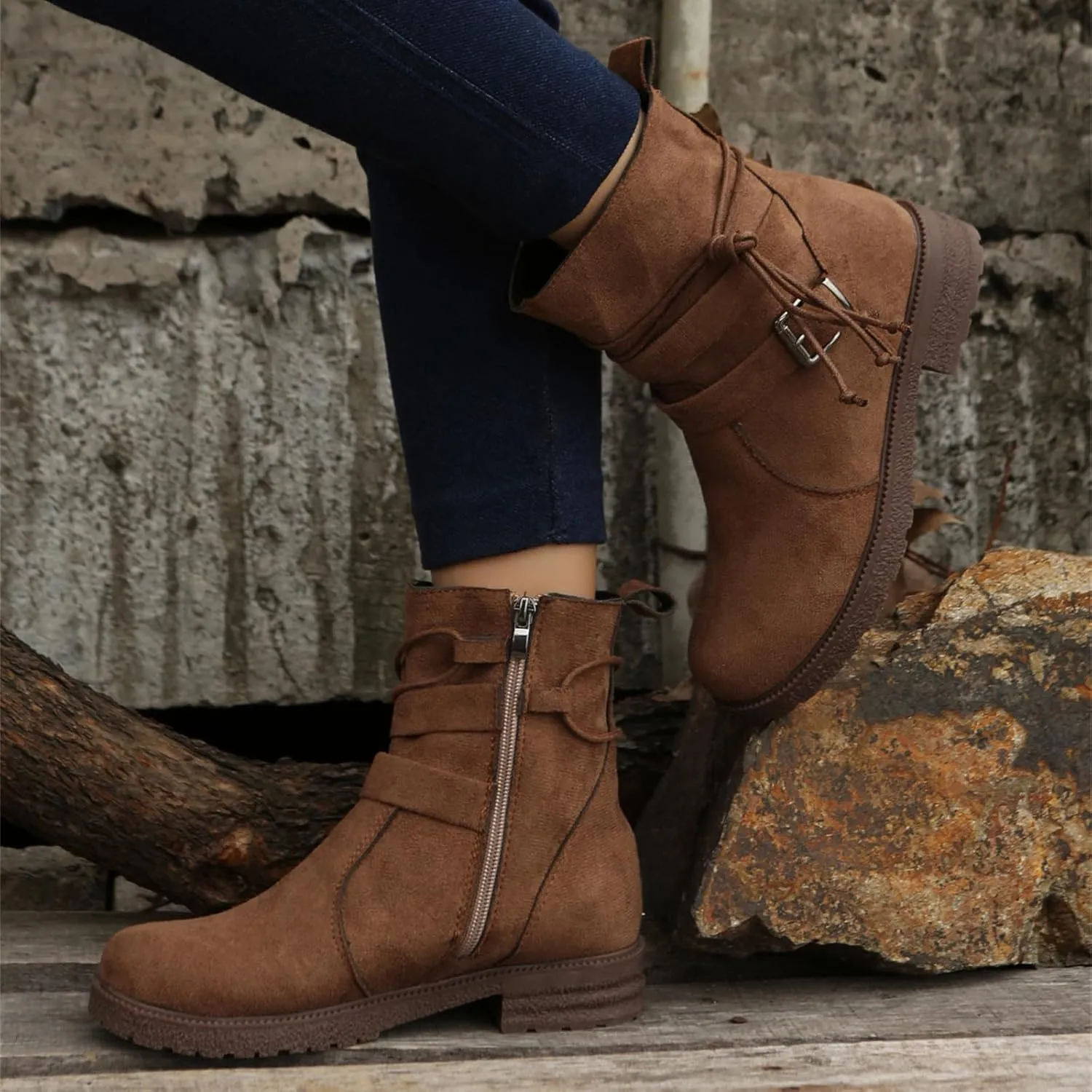 Ladmiple Fall Bo_oties for Women 2023 Trendy Mid_Calf Combat Riding Fashion Winter bo_ots Low He_el Biker an_kle bo_oties