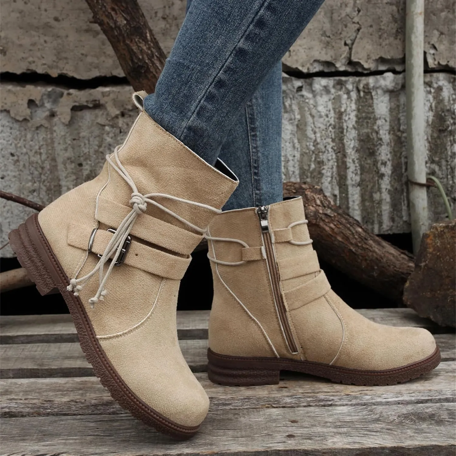 Ladmiple Fall Bo_oties for Women 2023 Trendy Mid_Calf Combat Riding Fashion Winter bo_ots Low He_el Biker an_kle bo_oties