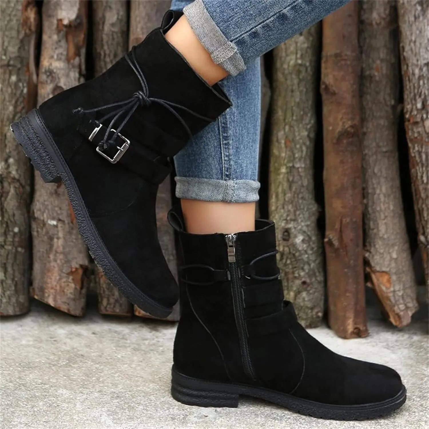 Ladmiple Fall Bo_oties for Women 2023 Trendy Mid_Calf Combat Riding Fashion Winter bo_ots Low He_el Biker an_kle bo_oties