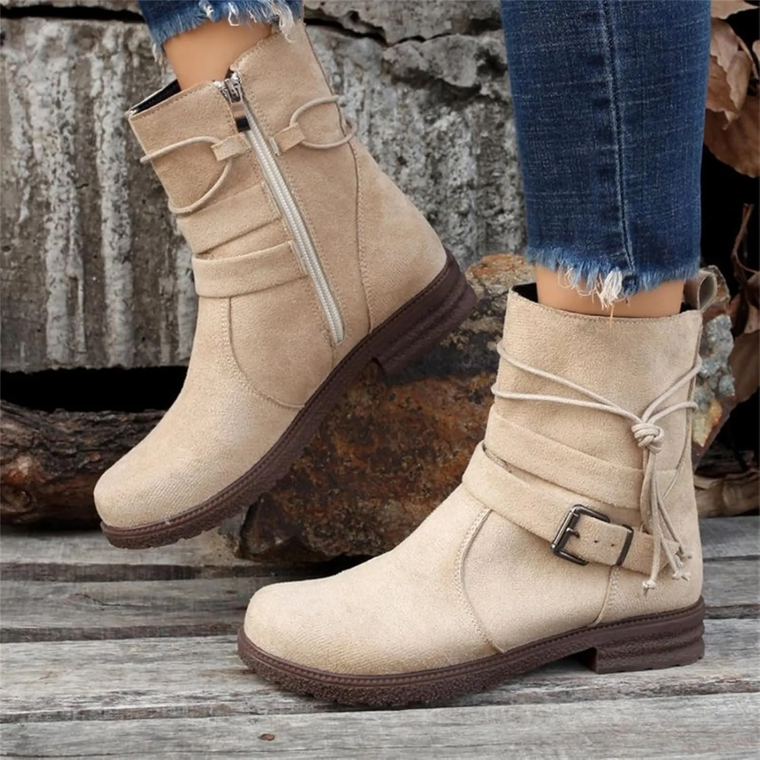 Ladmiple Fall Bo_oties for Women 2023 Trendy Mid_Calf Combat Riding Fashion Winter bo_ots Low He_el Biker an_kle bo_oties
