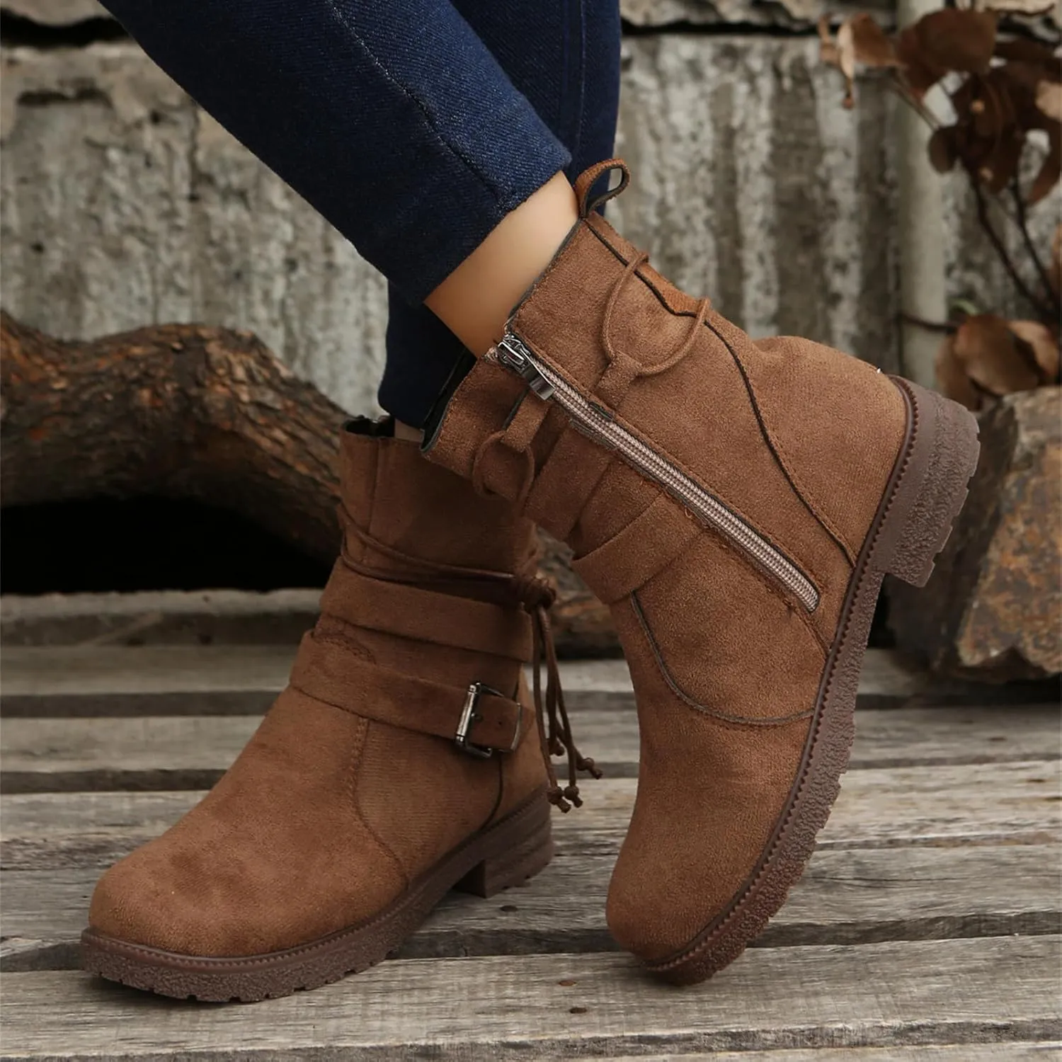 Ladmiple Fall Bo_oties for Women 2023 Trendy Mid_Calf Combat Riding Fashion Winter bo_ots Low He_el Biker an_kle bo_oties