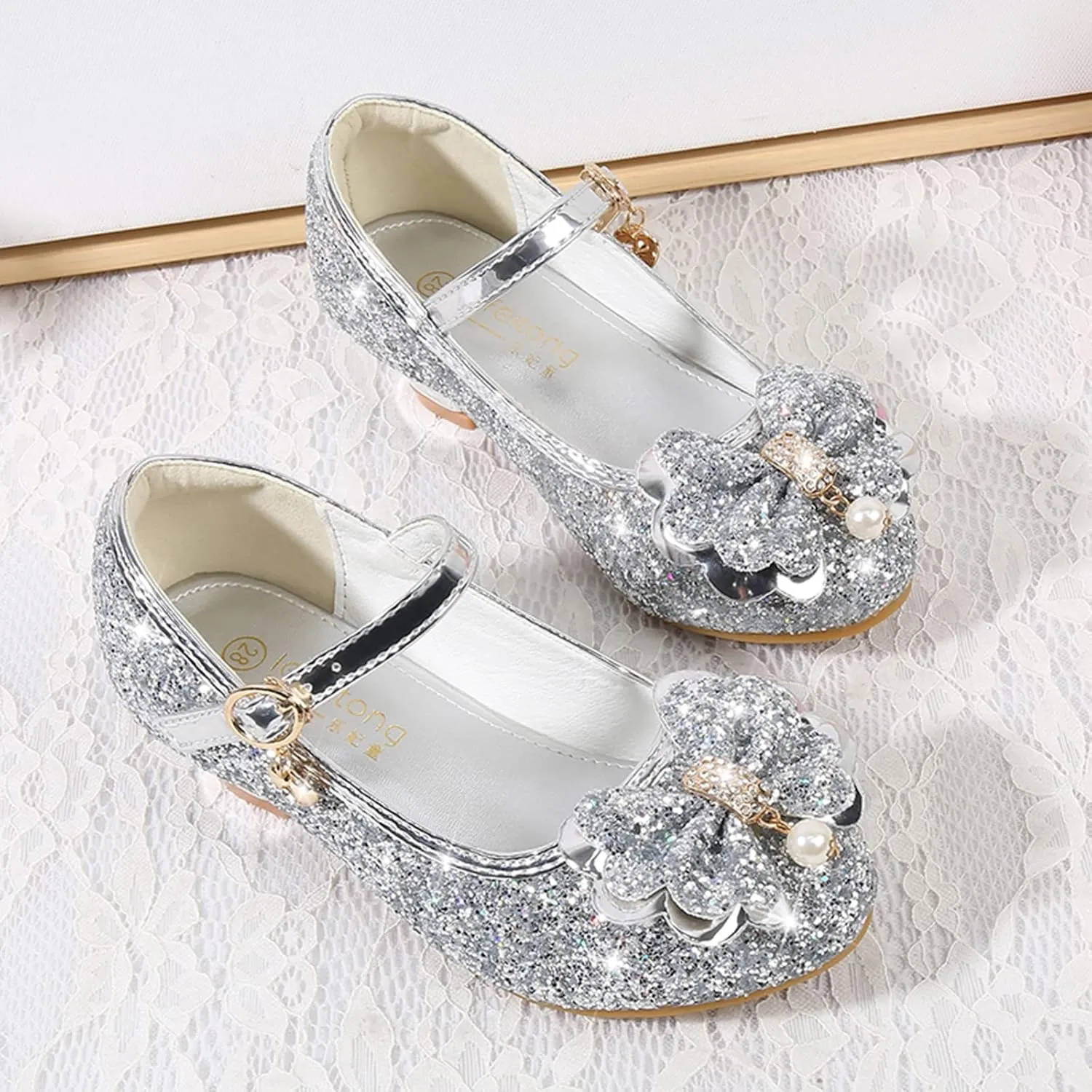 Little Girls Princess Glitter Bowknot Dress Shoes Kids Mary Jane Low Heels Pary Wedding Dazzling Elegant Shoes