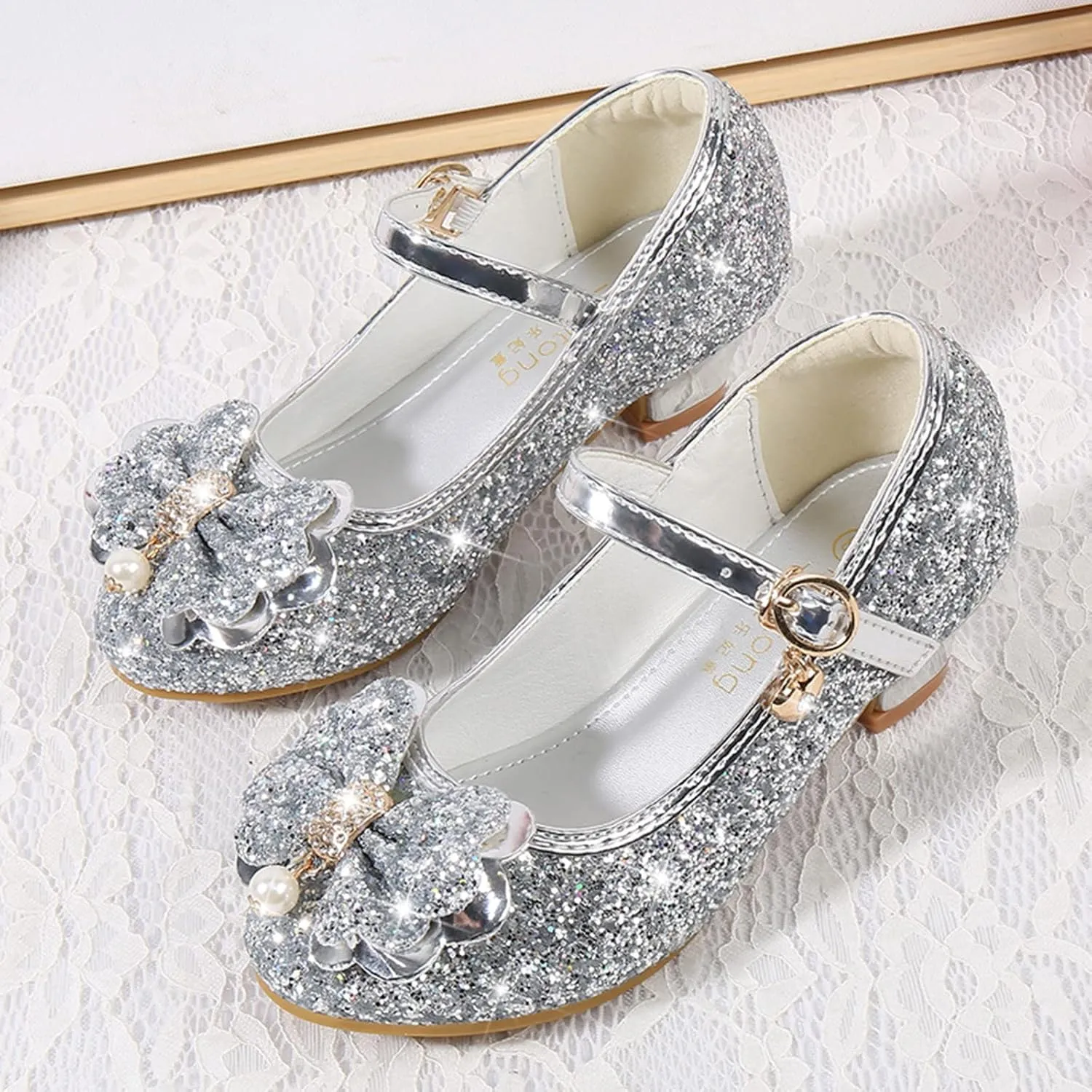 Little Girls Princess Glitter Bowknot Dress Shoes Kids Mary Jane Low Heels Pary Wedding Dazzling Elegant Shoes