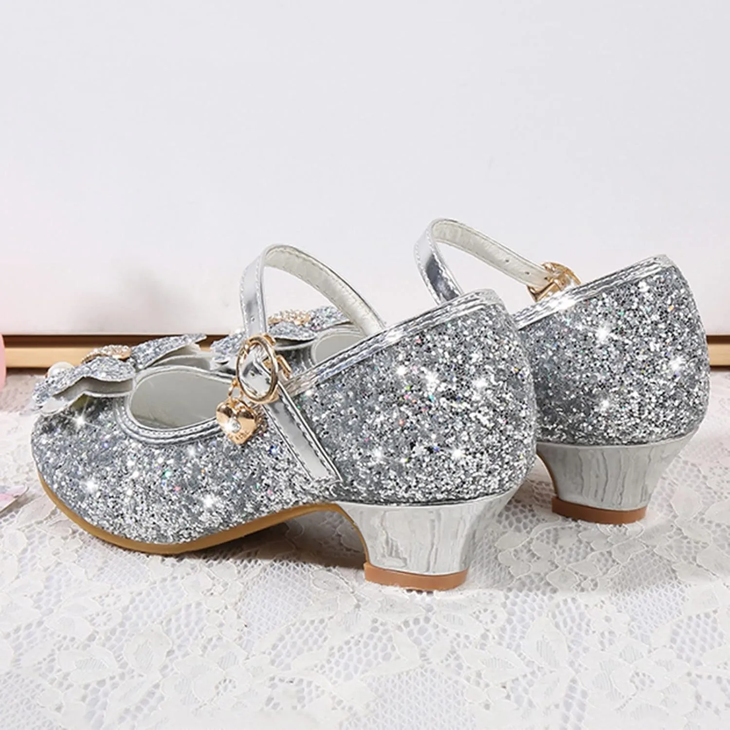 Little Girls Princess Glitter Bowknot Dress Shoes Kids Mary Jane Low Heels Pary Wedding Dazzling Elegant Shoes
