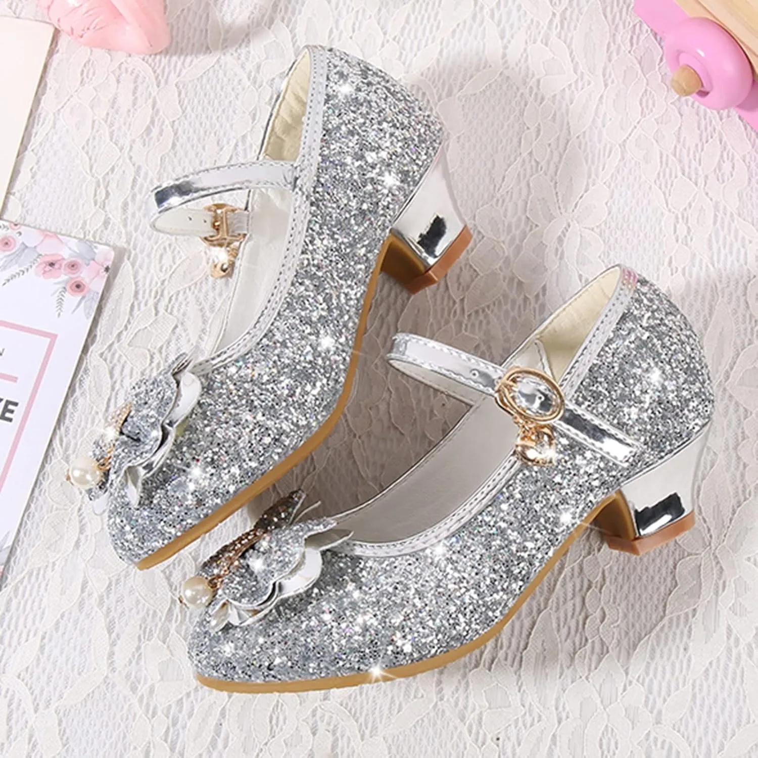 Little Girls Princess Glitter Bowknot Dress Shoes Kids Mary Jane Low Heels Pary Wedding Dazzling Elegant Shoes