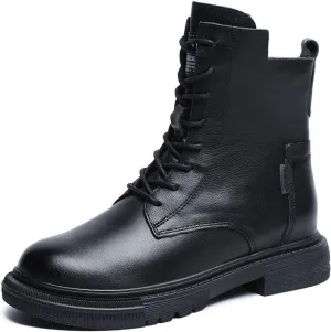 Loafers For Women Genuine Leather Womens Trendy Lace-Up Ankle Boots with Side Zipper Waterproof Warm Flat Heel Short Boots