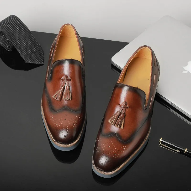 LuxeLeather Embossed Brogue Slip-On Loafers