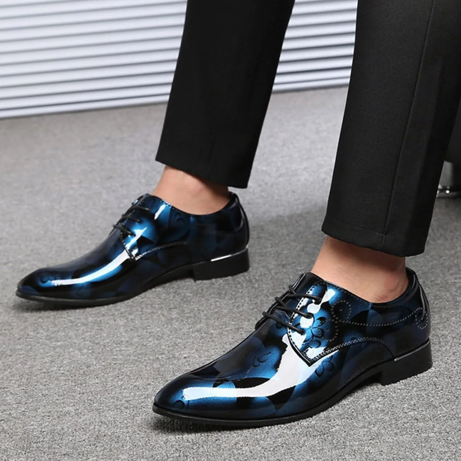 Men Fashion Dress Business Shoe Lace Up Slip On Walking Shoes Pointed Toe Floral Print Leather Low Heel Oxford Sneaker