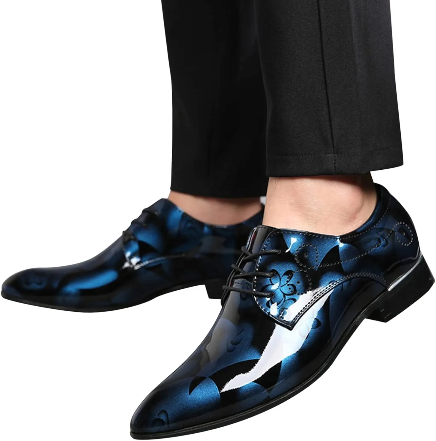 Men Fashion Dress Business Shoe Lace Up Slip On Walking Shoes Pointed Toe Floral Print Leather Low Heel Oxford Sneaker